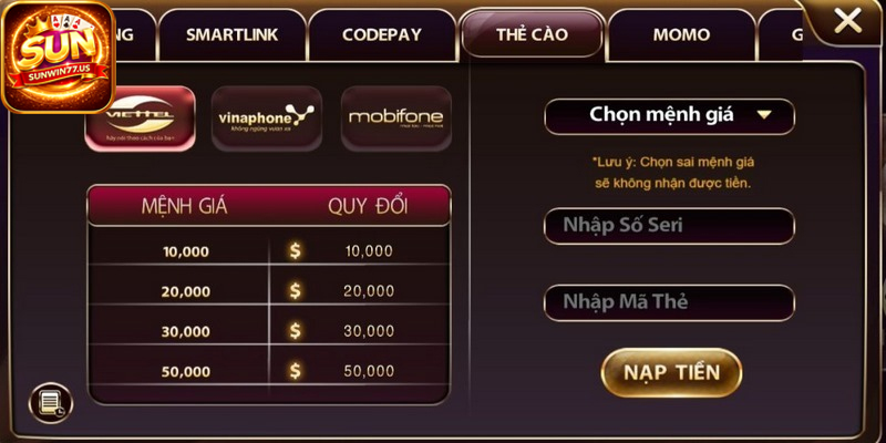 Hỗ trợ nhiều phương thức nạp tiền nhanh chóng tiện lợi
